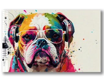 May include: A colorful abstract painting of a bulldog wearing sunglasses and headphones. The bulldog's fur is painted in shades of pink, yellow, blue, and green. The background is a light beige with splashes of color.