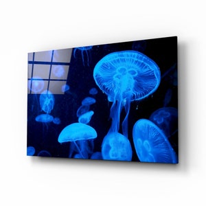 Blue Light Jellyfish Glass  Picture Wall Art , See Animal Print Art on Glass , Animal Modern Wall Art , Artwork Home Decor , Easter Gift
