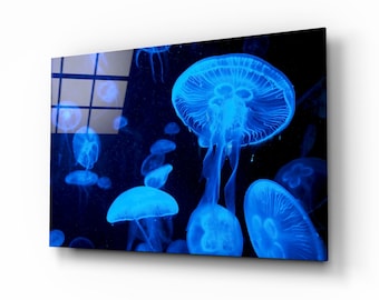 Blue Jellyfish – Ocean Creature Tempered Glass Wall Art for Modern Home Décor