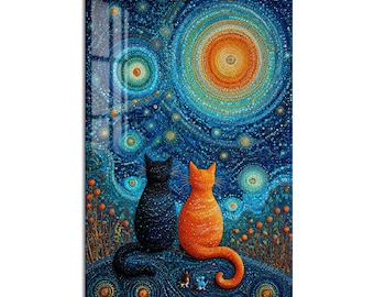 Cats Under Starry Sky Tempered Glass Wall Art, Animal Wildlife Wall Decor, Large Vertical Modern Art for Living Room
