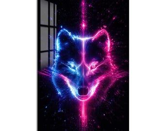 Neon Wolf Face Tempered Glass Wall Art, Animal Wildlife Wall Decor, Large Vertical Modern Art for Living Room