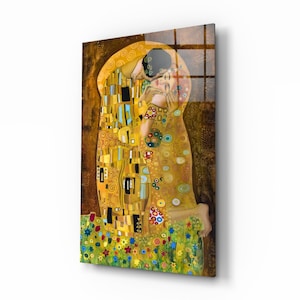 The Kiss by Gustav Klimt - Modern Glass Wall Art for Elegant Home Decor