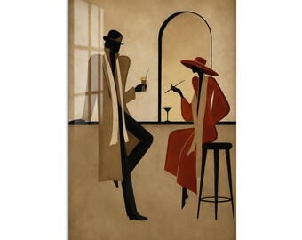 Stylish Couple At Bar Tempered Glass Wall Art, Modern Art Wall Decor, Large Vertical Modern Art for Living Room