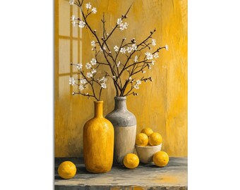 Blossom Vases and Lemons Tempered Glass Wall Art, Luxury Painted Wall Decor, Large Vertical Modern Art for Living Room