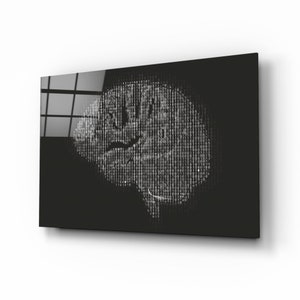 May include: A black and white digital illustration of a human brain made up of binary code. The brain is outlined in white against a black background.