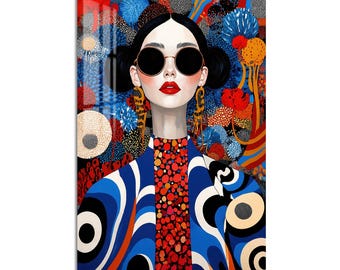 Woman with Round Sunglasses Tempered Glass Wall Art, Modern Art Wall Decor, Large Vertical Modern Art for Living Room