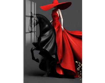 Red Dress and Horse Tempered Glass Wall Art, Luxury Painted Wall Decor, Large Vertical Modern Art for Living Room