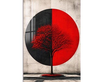 Red Tree and Circle Tempered Glass Wall Art, Luxury Painted Wall Decor, Large Vertical Modern Art for Living Room