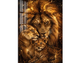 Golden Lion Family Tempered Glass Wall Art, Animal Wildlife Wall Decor, Large Vertical Modern Art for Living Room
