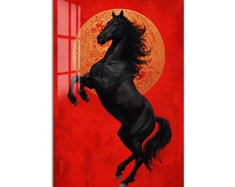 Black Horse Gold Circle Tempered Glass Wall Art, Animal Wildlife Wall Decor, Large Vertical Modern Art for Living Room