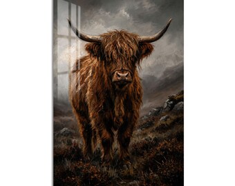 Rustic Highland Cow Tempered Glass Wall Art, Animal Wildlife Wall Decor, Large Vertical Modern Art for Living Room