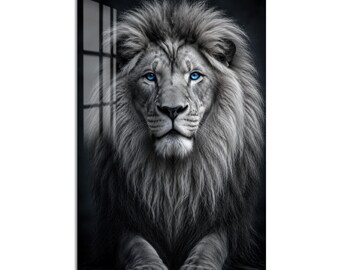 Blue Eyed Lion Tempered Glass Wall Art, Animal Wildlife Wall Decor, Large Vertical Modern Art for Living Room