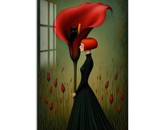Woman and Red Flower Tempered Glass Wall Art, Modern Art Wall Decor, Large Vertical Modern Art for Living Room