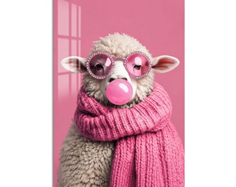 Pink Bubble Gum Sheep Tempered Glass Wall Art, Animal Wildlife Wall Decor, Large Vertical Modern Art for Living Room