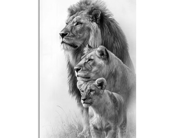Lion Family Portrait Tempered Glass Wall Art, Animal Wildlife Wall Decor, Large Vertical Modern Art for Living Room