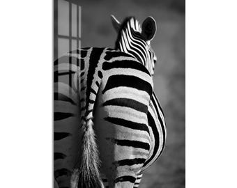Black and White Zebra Tempered Glass Wall Art, Animal Wildlife Wall Decor, Large Vertical Modern Art for Living Room