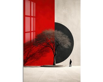 Red Geometric Tree Tempered Glass Wall Art, Luxury Painted Wall Decor, Large Vertical Modern Art for Living Room