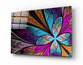 May include: Abstract art print featuring a colorful flower with blue, purple, pink, orange, and gold petals. The flower is surrounded by a dark background.