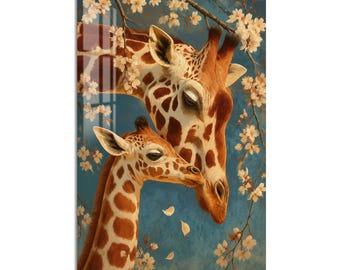 Giraffe and Calf Tempered Glass Wall Art, Animal Wildlife Wall Decor, Large Vertical Modern Art for Living Room