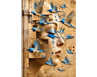 Woman and Blue Birds Tempered Glass Wall Art, Luxury Painted Wall Decor, Large Vertical Modern Art for Living Room
