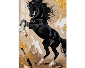 Rearing Black Horse Tempered Glass Wall Art, Luxury Painted Wall Decor, Large Vertical Modern Art for Living Room