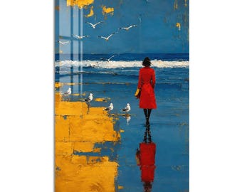 Red Coat Seaside Woman Tempered Glass Wall Art, Luxury Painted Wall Decor, Large Vertical Modern Art for Living Room