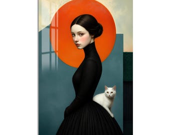Woman and White Cat Tempered Glass Wall Art, Modern Art Wall Decor, Large Vertical Modern Art for Living Room