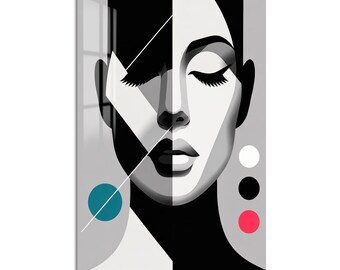 Geometric Woman Portrait Tempered Glass Wall Art, Luxury Painted Wall Decor, Large Vertical Modern Art for Living Room