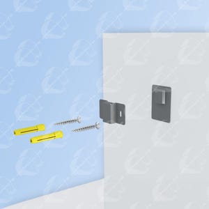 May include: A gray metal bracket with two screws and two yellow plastic anchors. The bracket is mounted to a white wall.