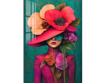 Woman with Floral Hat Tempered Glass Wall Art, Modern Art Wall Decor, Large Vertical Modern Art for Living Room