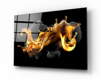 Golden Splash Glass Wall Art-Abstract Tempered Glass Wall Decor, Wall Art decor, Living Room, Home Decor, Housewarming gift, Golden abstract