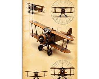 Vintage Biplane Diagrams Tempered Glass Wall Art, Luxury Painted Wall Decor, Large Vertical Modern Art for Living Room
