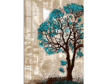 Turquoise Tree Tempered Glass Wall Art, Luxury Painted Wall Decor, Large Vertical Modern Art for Living Room