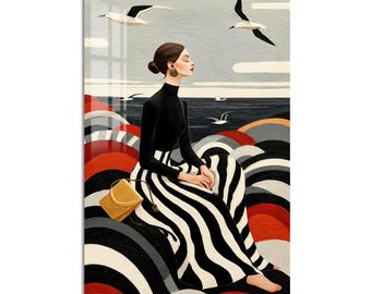 Woman By the Sea Tempered Glass Wall Art, Modern Art Wall Decor, Large Vertical Modern Art for Living Room