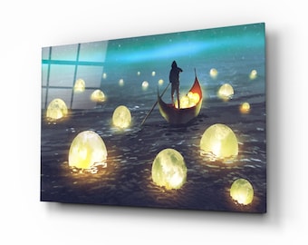 Moon Collector Glass Print Wall Decor , Space Wall Art Printed , Home Decoration , Stylish Print , Durable Glass Surface ,Modern Living Room