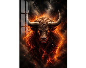 Fiery Horned Bull Tempered Glass Wall Art, Animal Wildlife Wall Decor, Large Vertical Modern Art for Living Room
