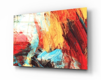 Abstract Expressionist Glass Wall Art - Modern Bold Color Splash Tempered Glass Painting Wall Decor for Bedroom, Livingroom, Housewarming
