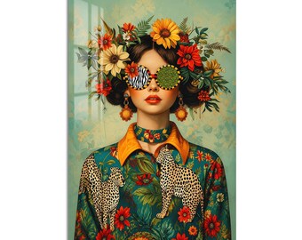 Woman with Floral Crown Tempered Glass Wall Art, Modern Art Wall Decor, Large Vertical Modern Art for Living Room