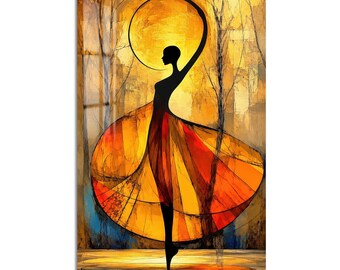 Golden Circle Dancer Tempered Glass Wall Art, Modern Art Wall Decor, Large Vertical Modern Art for Living Room
