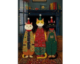 Three Festive Cats Tempered Glass Wall Art, Animal Wildlife Wall Decor, Large Vertical Modern Art for Living Room