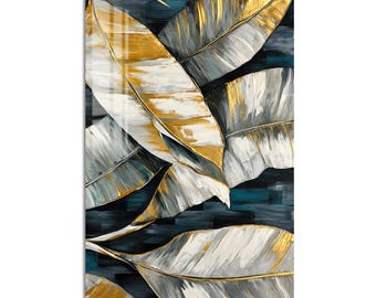 Gold Tropical Leaves Tempered Glass Wall Art, Luxury Painted Wall Decor, Large Vertical Modern Art for Living Room