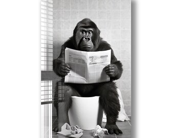 Tempered Glass Wall Art-Wall Decor--Glass Printing-Large Wall Art-Wall Hangings-Wild Animal Wall Art- Toilet Gorilla Wall Art