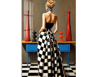 Woman in Checkered Gown Tempered Glass Wall Art, Modern Art Wall Decor, Large Vertical Modern Art for Living Room
