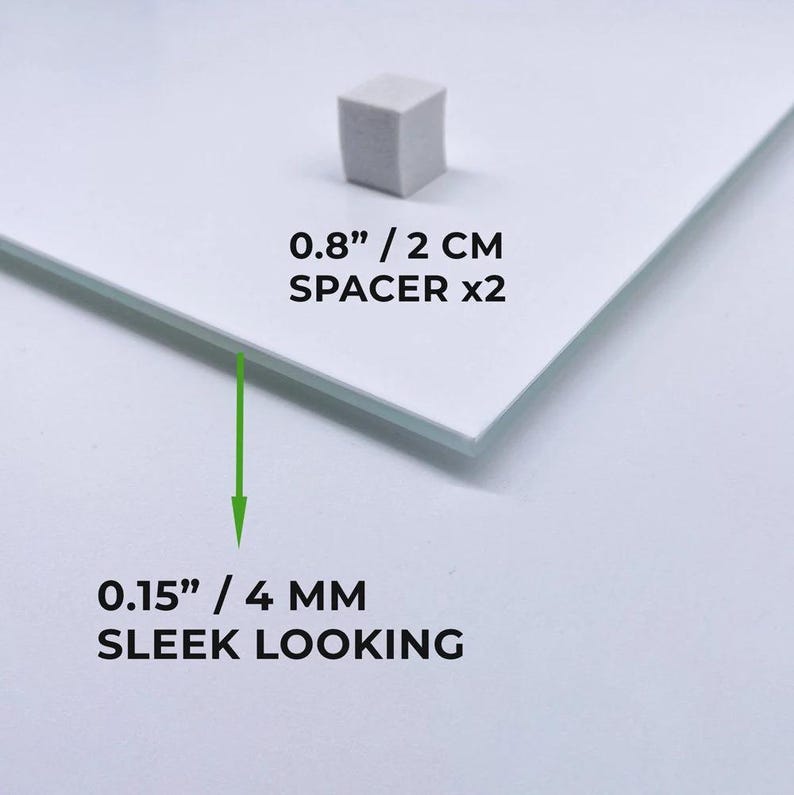 May include: Two white foam spacers, each measuring 0.8 inches or 2 centimeters, for use in picture frames. The spacers create a 0.15 inch or 4 millimeter gap between the artwork and the frame, giving a sleek look.
