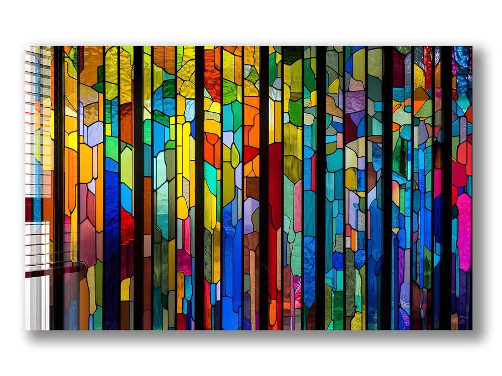 Vibrant Stained Glass Style Tempered Glass Wall Art – Abstract Colorful Panel for Bold Modern Decor