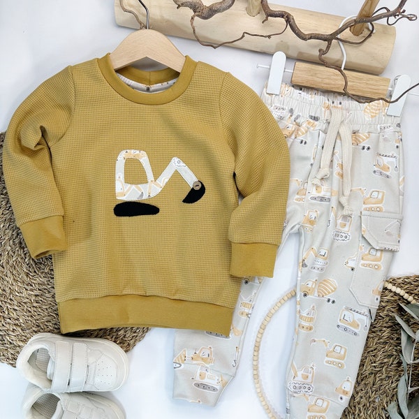 Sweater mit Bagger Sweater Baggy Hose Kinder Pullover Baustellen Pullover Kinder Bagger Sweater Kinder Set Gr. 86 Fräulein Goldstück