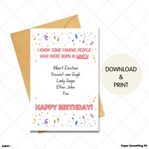 Carta meme di compleanno di marzo, cartolina d'auguri stampabile divertente e spiritosa