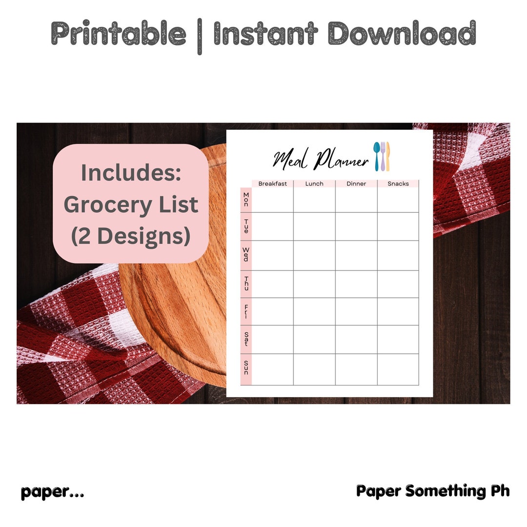 Weekly Meal Planner Grocery List Pink Minimalist Printable - Etsy