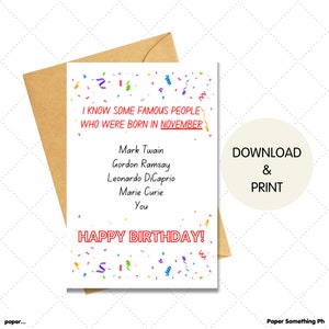 Carta meme di compleanno di novembre, cartolina d'auguri stampabile divertente e spiritosa