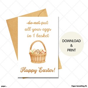 Tarjeta de felicitación imprimible de Feliz Pascua, huevos de Pascua, canasta de Pascua